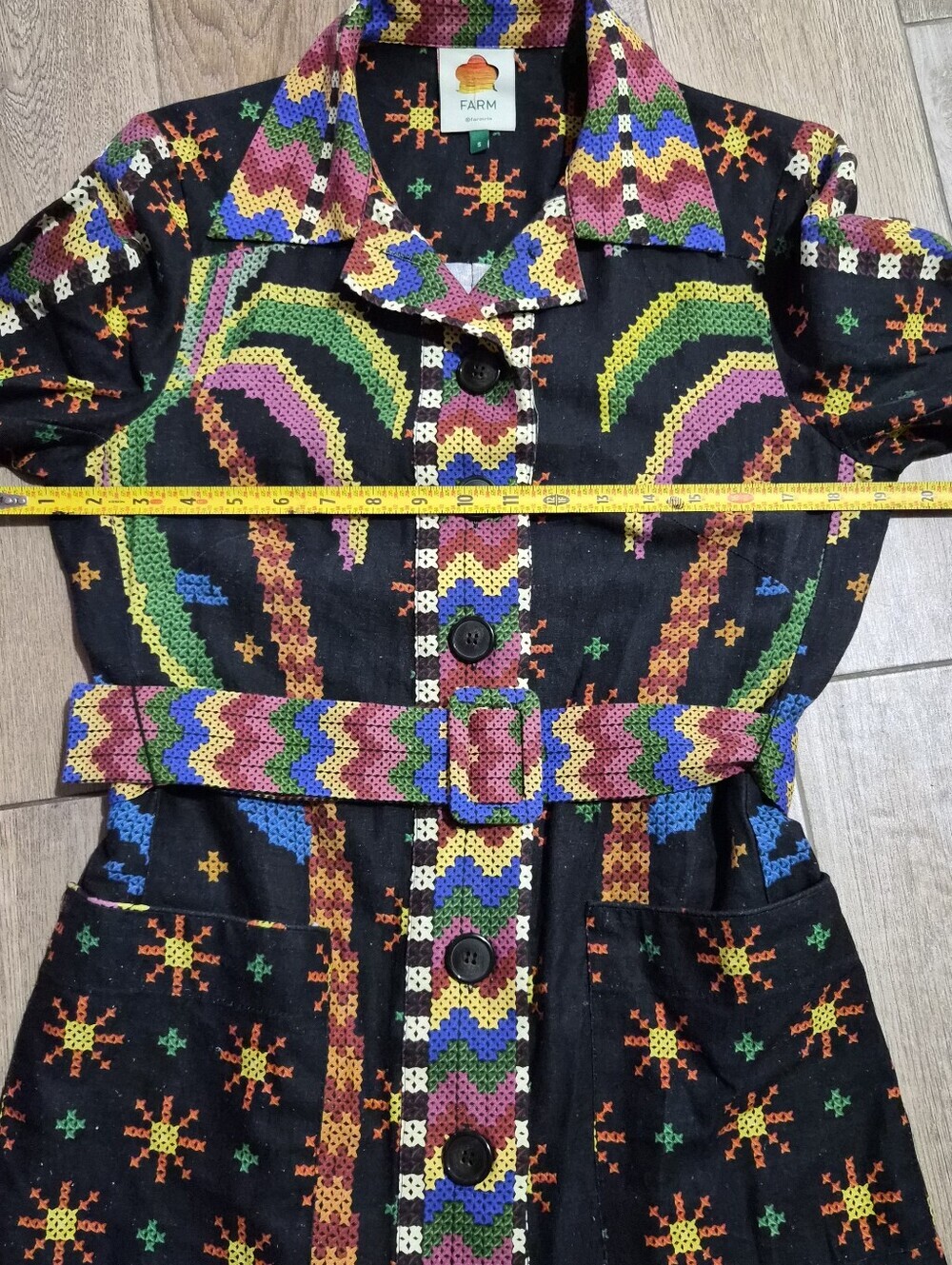 Farm Rio Macaw Night Long Sleeve Linen Blend Mini Colorful Belt Dress Size S - Picture 14 of 15